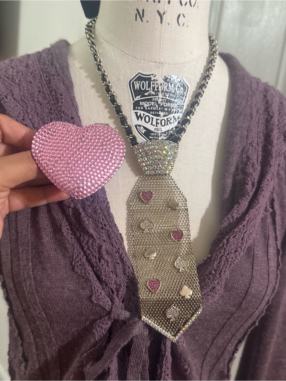 Crystal-Embellished Silver Mesh Tie Necklace with Pink Heart Accents